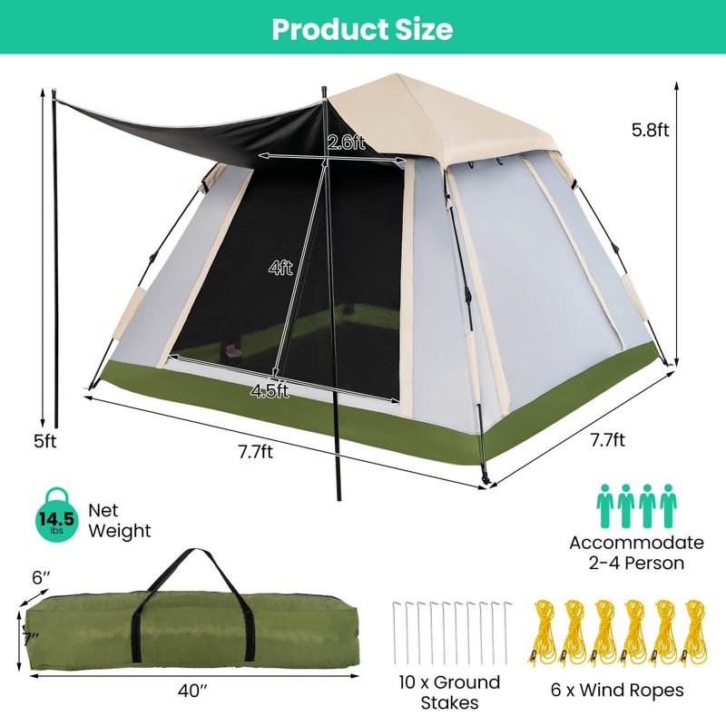 Instant Pop-up Tent 2-4 Person Camping Tent w/ Removable Rainfly & Carrying Bag, 3 of 11