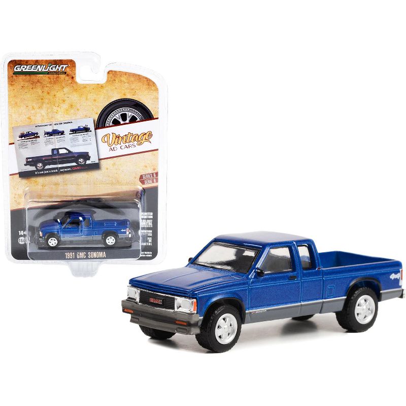 1991 GMC Sonoma Truck Blue Met. and Gray "It's Not Just A Truck Anymore" "Vintage Ad Cars" 1/64 Diecast Model Car by Greenlight, 1 of 4