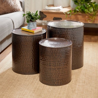 Brown Hammered Metal Round Accent Tables Set of 3