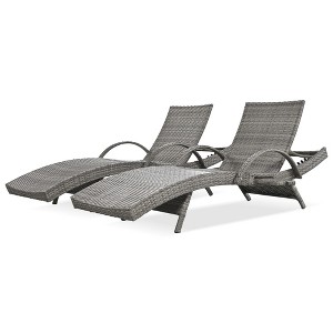 Gulches Outdoor Wicker Chaise Lounge Chairs Set of 2, Ergonomic Wave Design, Adjustable Backrest, Pull-out Side Table for Pool Sunbathing, Gray - 1 of 4
