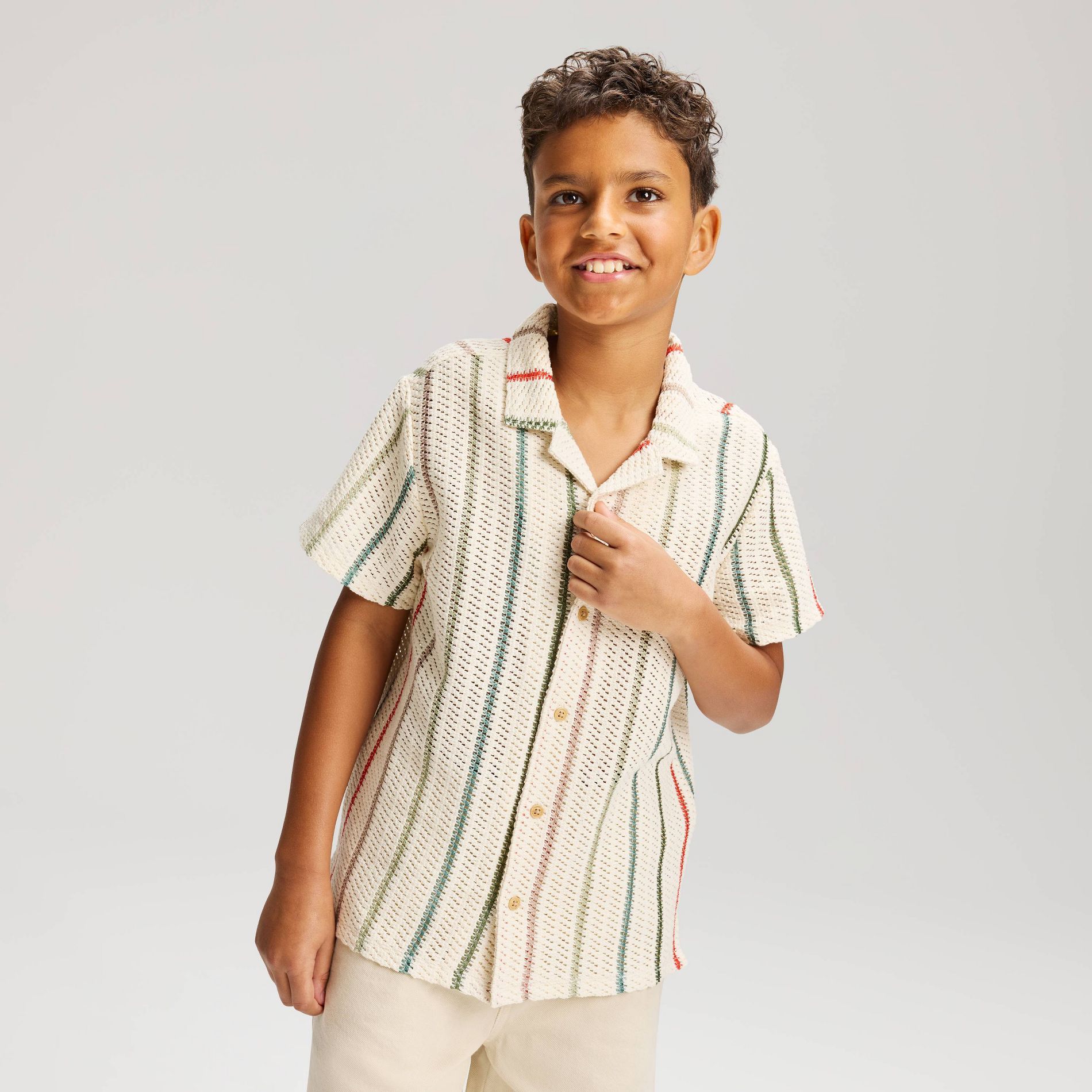 Boys' Short Sleeve Crochet Striped Button-Down Shirt - Cat & Jack™