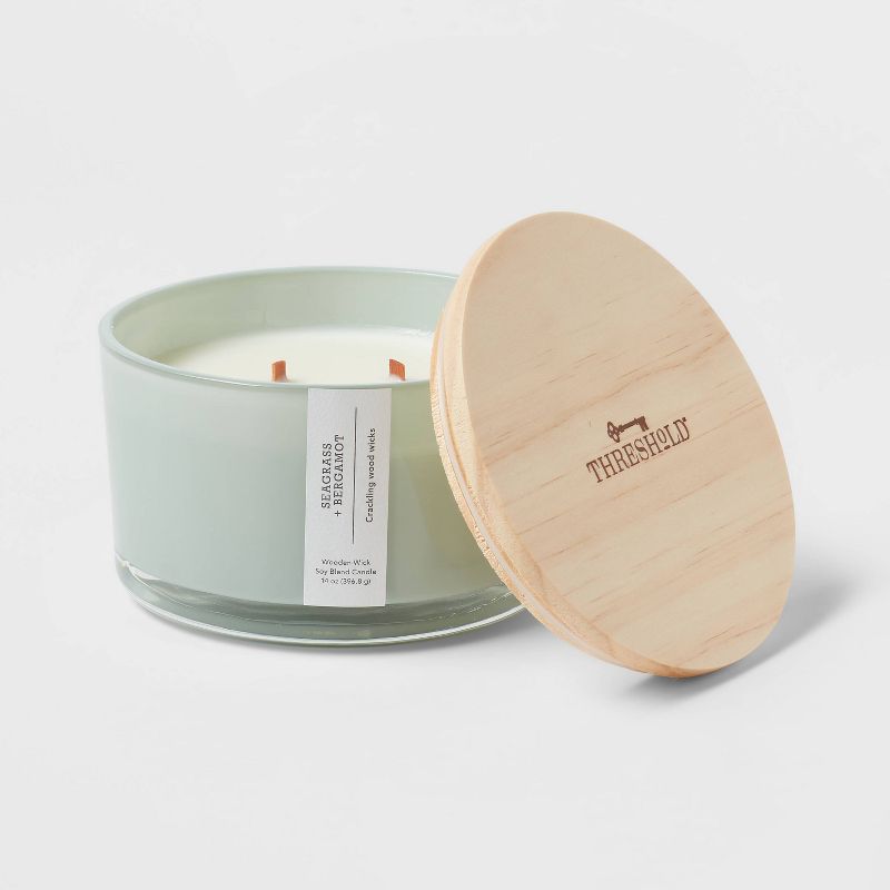 Round Base Glass Candle with Wooden Wick Seagrass and Bergamot Green - Threshold™, 4 of 5