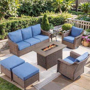 Belord 7PCS Patio Furniture Set with 41" Propane Fire Pit Table, Outdoor Conversation Set with All Weather Brown Wicker Patio Couch and Swivel Chair - 1 of 4