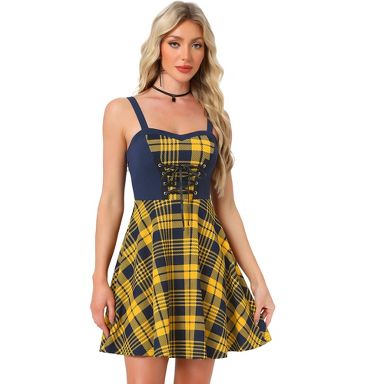 blue plaid dress target INSPIRE CHIC Women's Lace Up Sweetheart Neck Sleeveless Flared Party Mini Large Yellow Color/Print Name:Rutabaga Sympeony while the gently flared Long A-Line Satin Prom 101-200