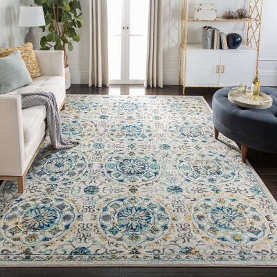 Ivory and Blue High Pile Floral Medallion Area Rug