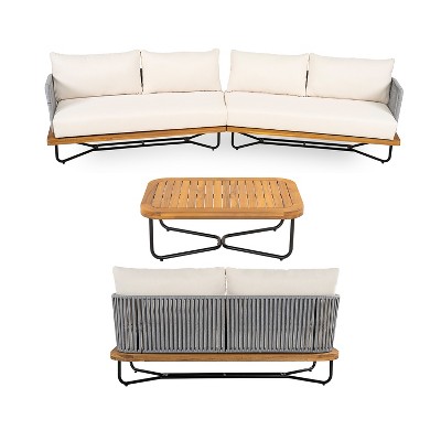 Christopher Knight Home Foisy 4 Piece Outdoor Rope Woven and Iron Chat Set with Acacia Wood Base and Water-Resistant Cushions