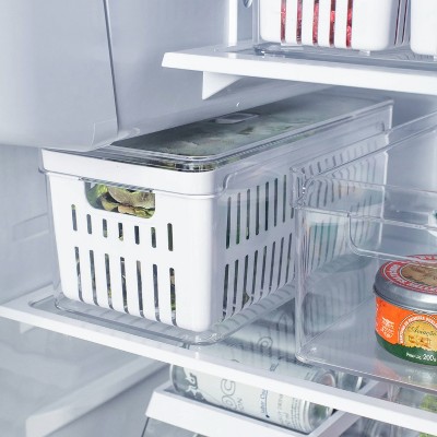 OU Fridge Organizer Bin with Drain Basket & Vented Lid, 5.3qt Clear Stackable Refrigerator Storage Bin, Produce Kitchen Storage Container, BPA Free — фото 8