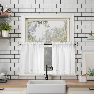 Mariela White Floral Trim Semi-Sheer Kitchen Curtain Set
