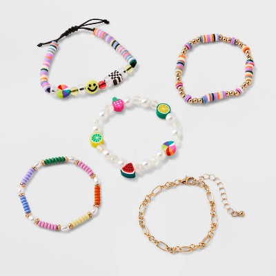 Girls' 5pk Fruit and Smiley Bracelet Set - art class™: Beaded, Chain, Stretch Styles, Multicolor
