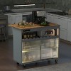 Acekool Rolling Kitchen Island with Sliding Fluted Glass Doors, Ambient Glow, Rubberwood Countertop, Power Outlets, Gray Blue - 3 of 4