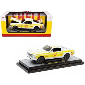 1966 Ford Mustang 2+2 GT #57 "Shell Oil" White with Yellow Stripes Limited Edition 1/24 Diecast Model Car by M2 Machines - 1 of 3