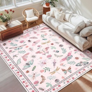 Coucheta Floral Butterfly Area Rug - Washable Non-Slip Carpet for Living Room, Bedroom & Nursery, Stain Resistant Low Pile Rug - 1 of 4