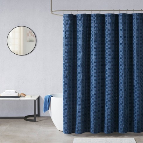 Gridd Woven Clipped Solid Shower, Navy And Light Blue Shower Curtain