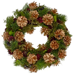 Northlight 12" Green, Gold, and Red Glitter Pinecones Christmas Wreath - 1 of 4