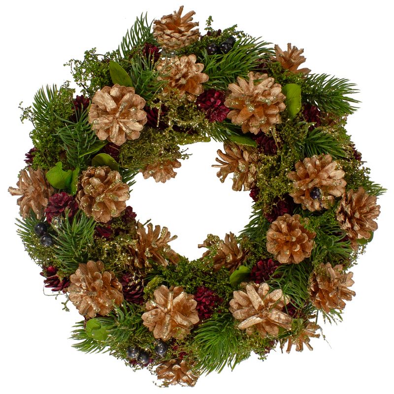 Northlight 12" Green, Gold, and Red Glitter Pinecones Christmas Wreath, 1 of 5
