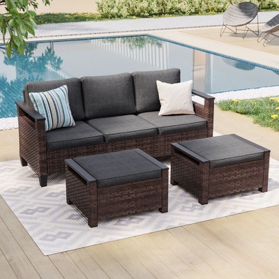 Sonkuki 3 Pieces Patio Sofa with Ottomans, All-Weather PE Rattan Wicker Sofa Small Patio Conversation Couch with Cushion