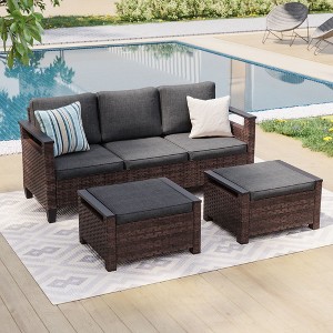 Sonkuki 3 Pieces Patio Sofa with Ottomans, All-Weather PE Rattan Wicker Sofa Small Patio Conversation Couch with Cushion - 1 of 4
