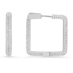 Sterling Silver 25mm Diamond Lock Pave Square Shaped Hoop Earrings - 1 of 2