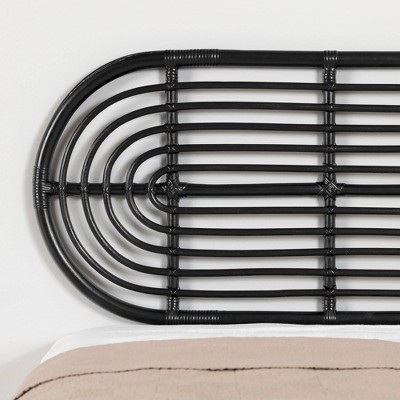 Black Queen Bed with Rattan Headboard and Wood Frame