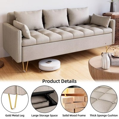 Faux Leather Sofa 3 Seater Couch with Button Tufted Design & Lift-Up Storage