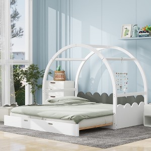 Twin Size Bed, Stretchable Vaulted Roof Platform Bed With Trundle, Pine Wood House-Shaped Bed Frame With Headboard, Guardrails, Support Slats - 1 of 4