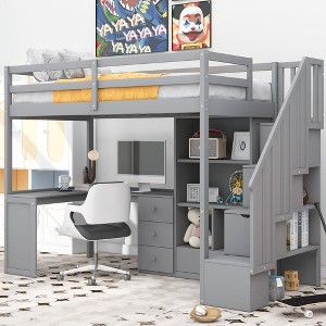 Whisen Twin Size Loft Bed with L-Shaped Desk, 3 Drawers, Cabinet, Staircase Storage, Solid Pine/MDF Build - Gray - 1 of 4
