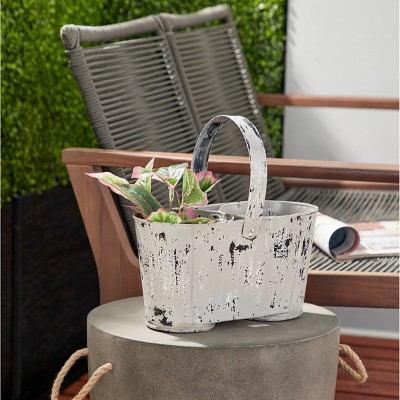 12" White Distressed Metal Double Planter with Handle