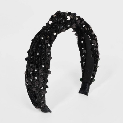 Girls' Sequin Velvet Ribbed Top Knot Headband - Cat & Jack™ Black