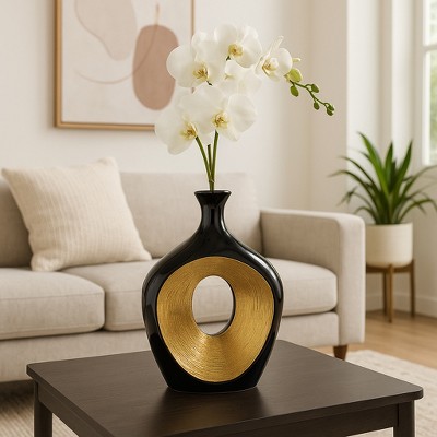 Sagebrook Home Ceramic Oval Vase - Contemporary Glam Abstract Cut-Out Vase Beaded