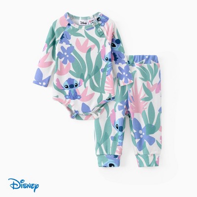 Disney Stitch Baby Boys/Girls 2pcs Naia Floral Plant Character Print Long-sleeve Romper with Pants Set