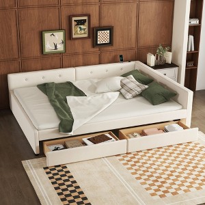 Queen Size Platform Bed, Upholstered Wooden Bed Frame with USB Ports and 2 Drawers, Beige -ModernLuxe - 1 of 4
