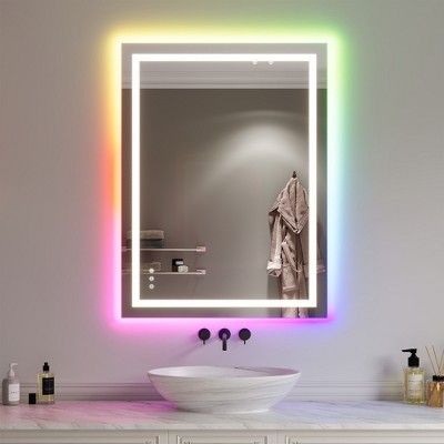 RGB LED Mirror for Bathroom, Mirror with 8 RGB Backlit & 3 Front Lit, Anti-Fog Wall Bathroom/Vanity Mirror with Memory, Horizontal/Vertical