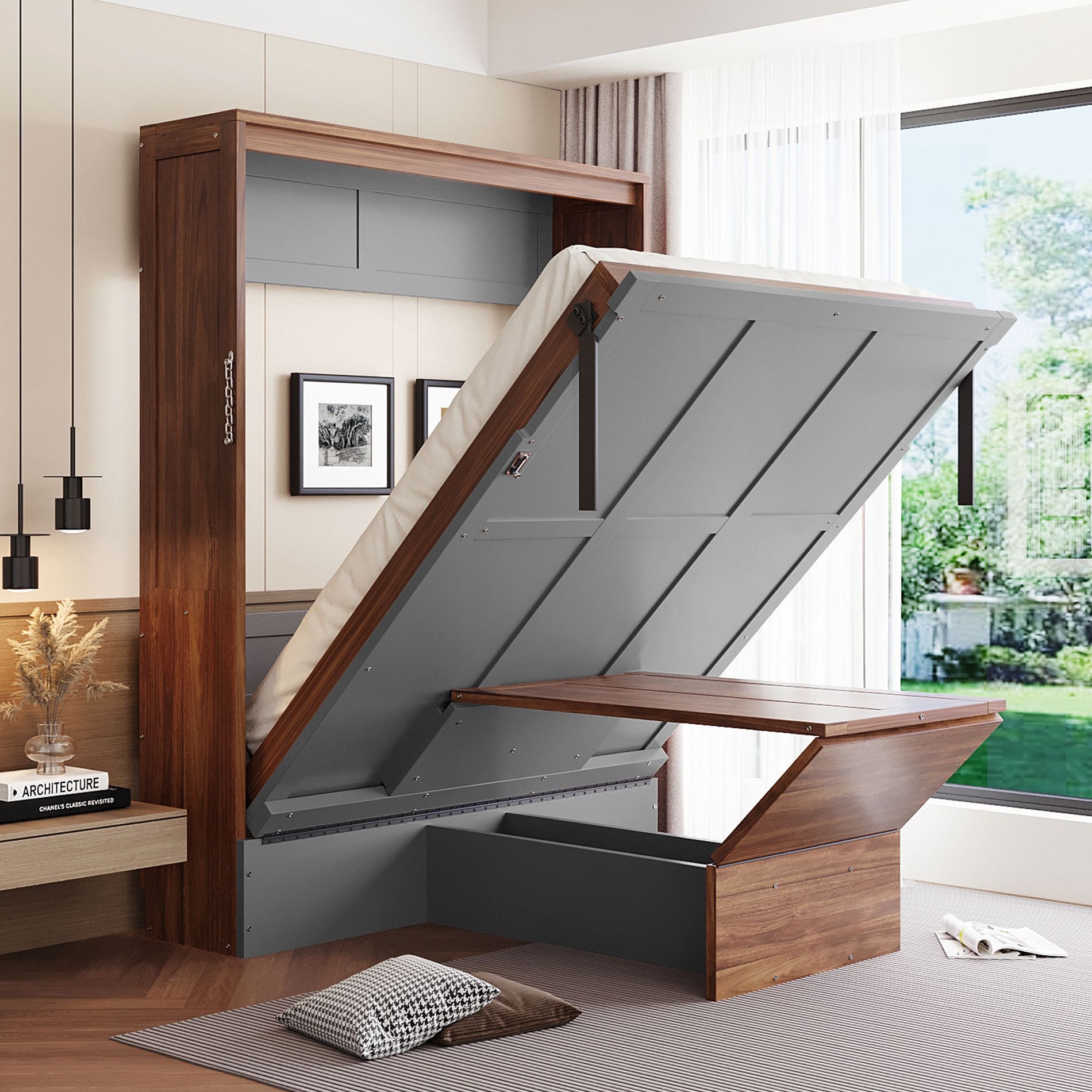 Full Size Murphy Bed with Foldable Desk for Bedroom