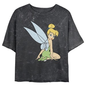 Juniors Womens Peter Pan Tinker Bell Distressed Wings Portrait Mineral Wash Crop T-Shirt - 1 of 4