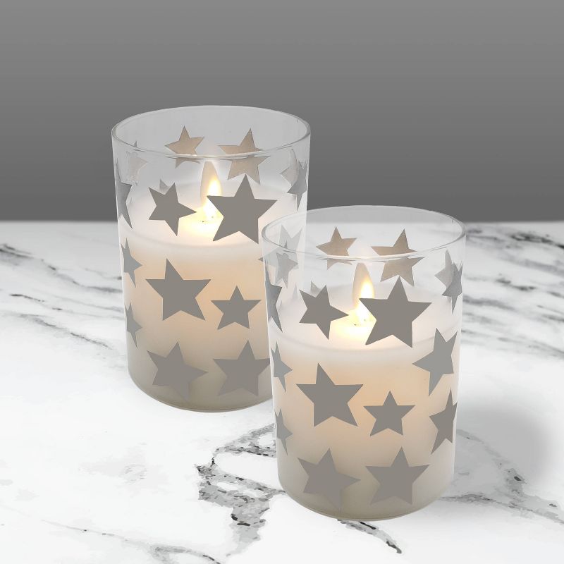 2ct Battery Operated Glass LED Candles with Moving Flame Silver Stars, 4 of 7