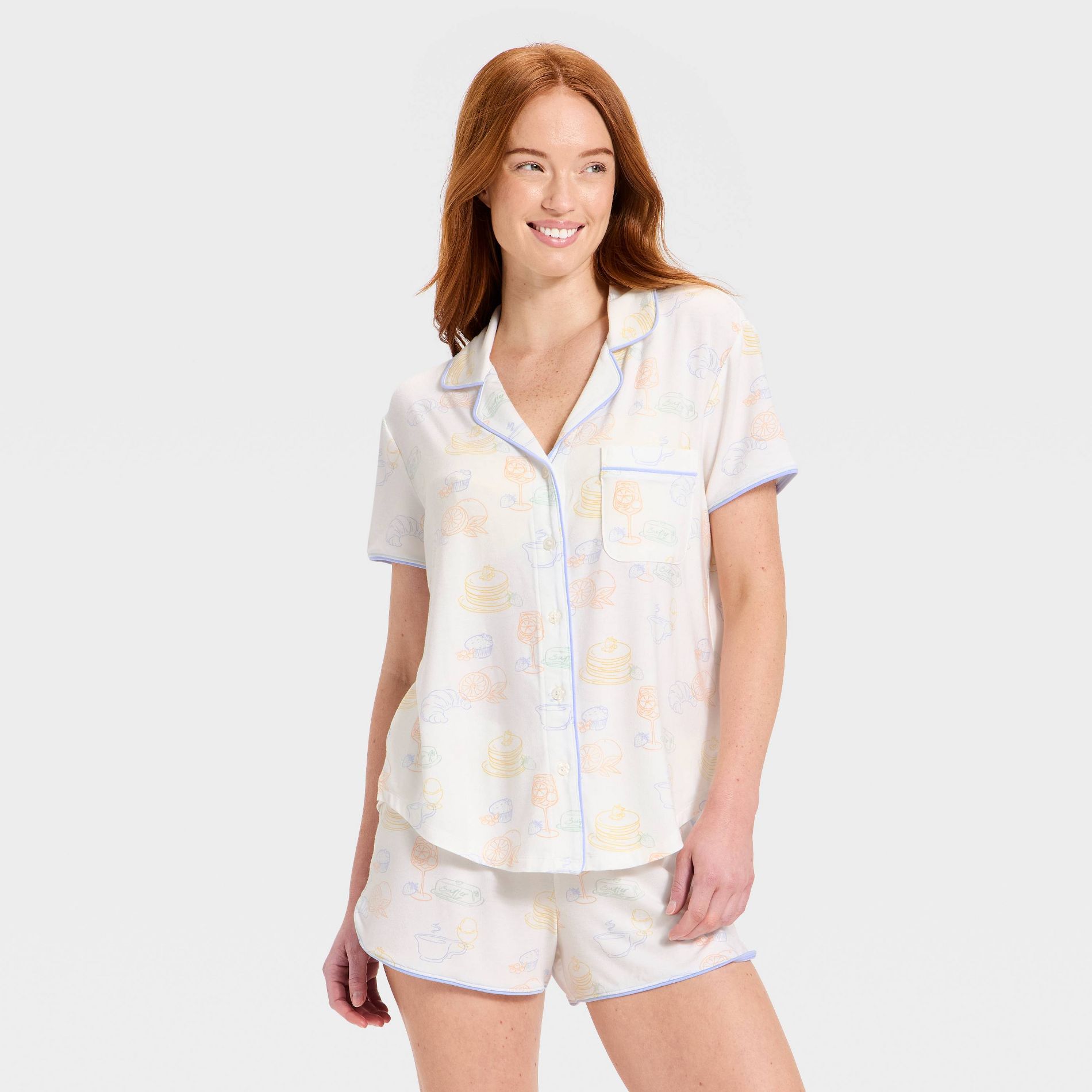 Women's Short Sleeve Notch Collar Shirt and Shorts Pajama Set - Auden™