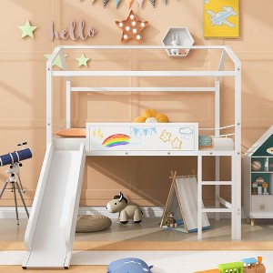 NicBex Twin Size Bunk Bed Classic House Shape Loft Bed Metal Bed Frame with Blackboard, Guardrails, Slide and Ladder, No Box Spring Required - 1 of 4