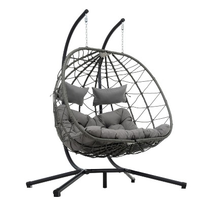 PAGED Porch Swing with Stand Wicker Hanging Egg Chair with Seat Cushion for Balcony, Porch, Garden