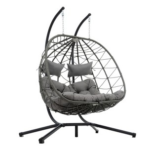 PAGED Porch Swing with Stand Wicker Hanging Egg Chair with Seat Cushion for Balcony, Porch, Garden - 1 of 4