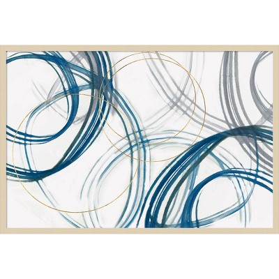 Cobalt Loops Abstract Graphic Art in Natural Wood Frame