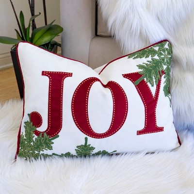 YOOCOZZ Christmas Trendy Decor, JOY Embroidered Christmas Throw Pillow – 14x20" Velvet Lumbar Cushion in Red and White with Green Holiday Accents