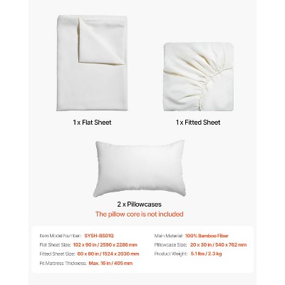 VEVOR 4-Piece Bed Sheet Set - Queen Size, 100% Bamboo Fiber Bedding Set, Cooling, Fit up to 16" Deep Mattress, White — фото 8