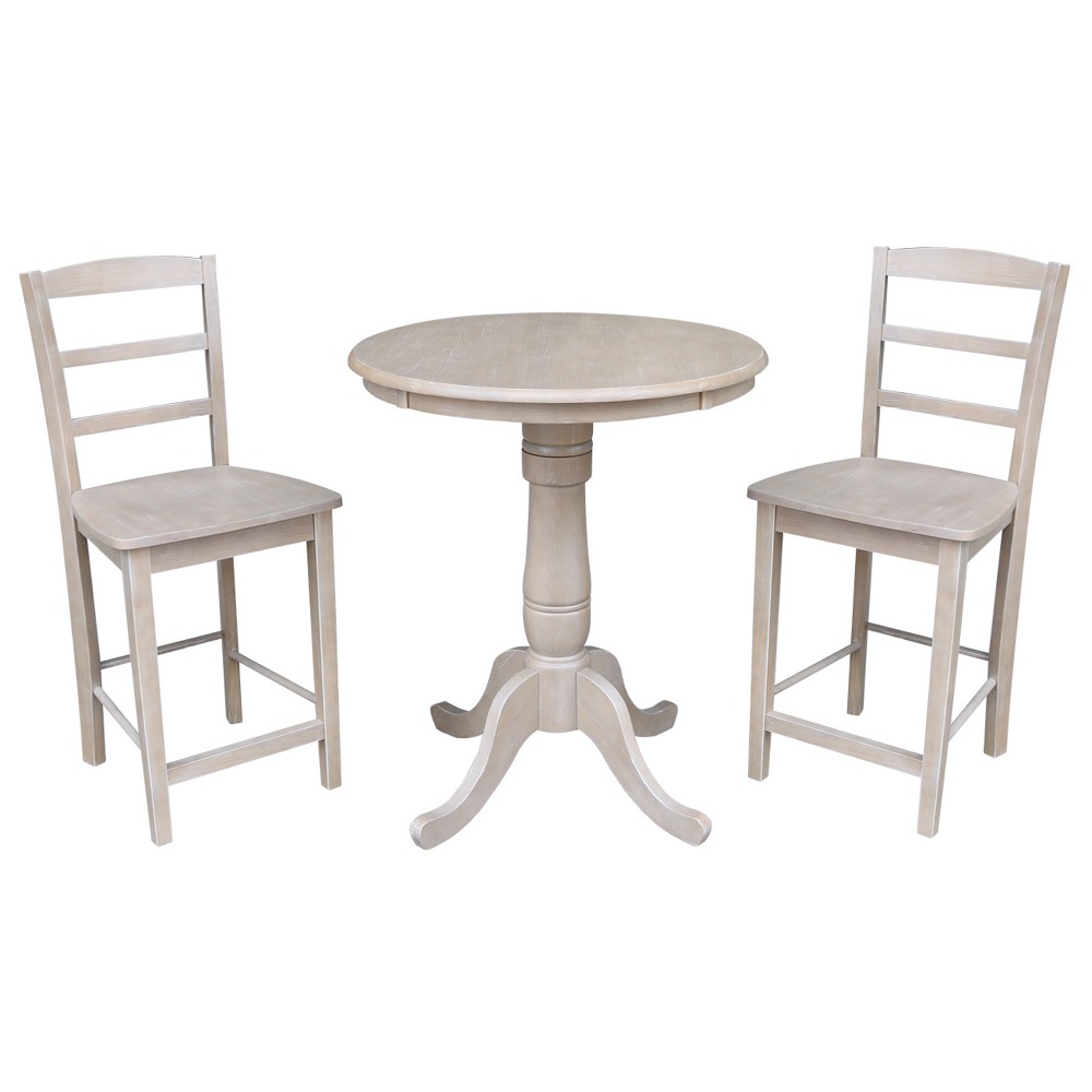 3pc Solid Wood Round Pedestal Counter Height Table and 2 Madrid Stools Washed Gray Taupe - International Concepts was $769.99 now $577.49 (25.0% off)