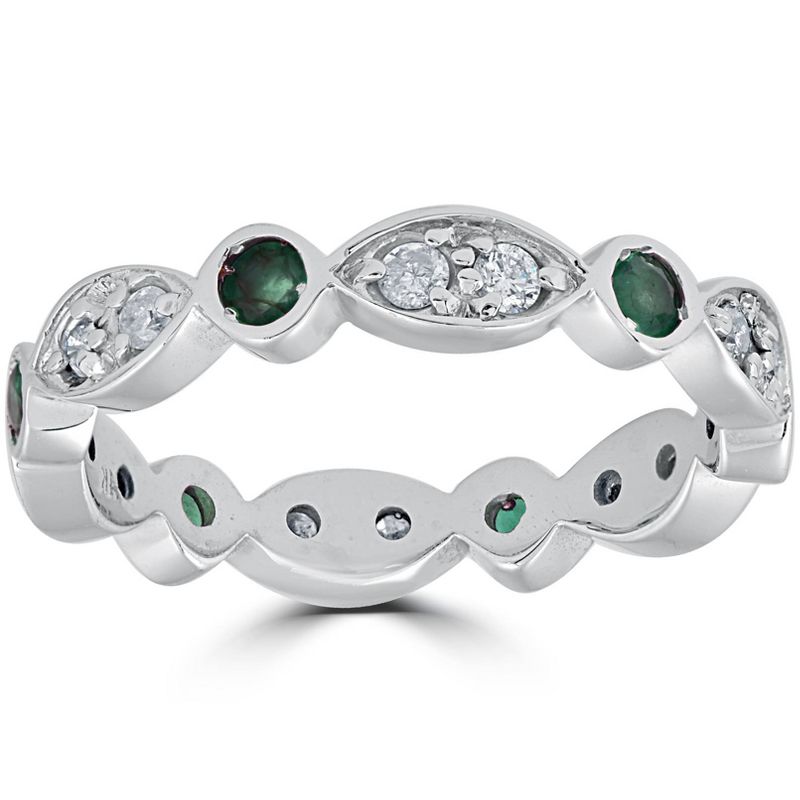 Pompeii3 1ct Diamond & Imitation Green Emerald Vintage Eternity Ring 14K White Gold, 1 of 4