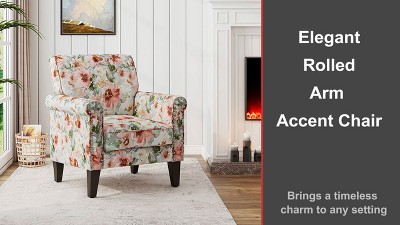 Pastel Pink Floral Rolled Arm Accent Chair with Nailhead Trim