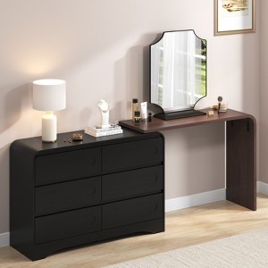black dresser desk Modern 6 Storage Drawers Dresser with Convertible Vanity Desk Black