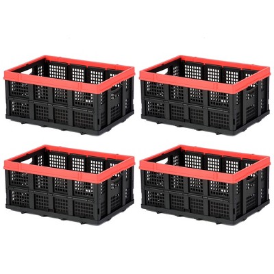 Magna Cart 63L (16.6 Gal) Collapsible Milk Crate, Stackable Plastic Storage Bin, Lightweight, Heavy Duty Crate Holds 55lbs, Black / Red