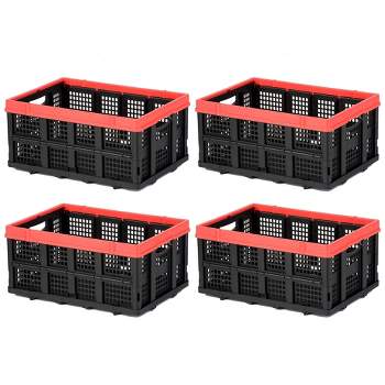 Magna Cart Tote 22" x 16" x 11" Lightweight Collapsible and Stackable Plastic Storage Crate for Home Offices and Garages, Black/Red (4 Pack)