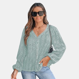 Women's Mint Green Crochet Lace Button-Up Blouse - Cupshe - 1 of 4