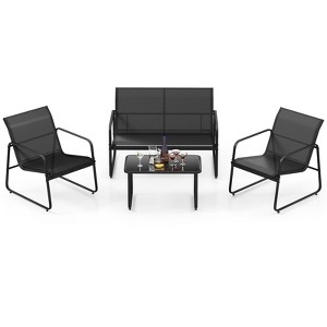Tangkula 4 PCS Furniture Set Tempered Glass Coffee Table Chair Outdoor Patio Loveseat Black - 1 of 4